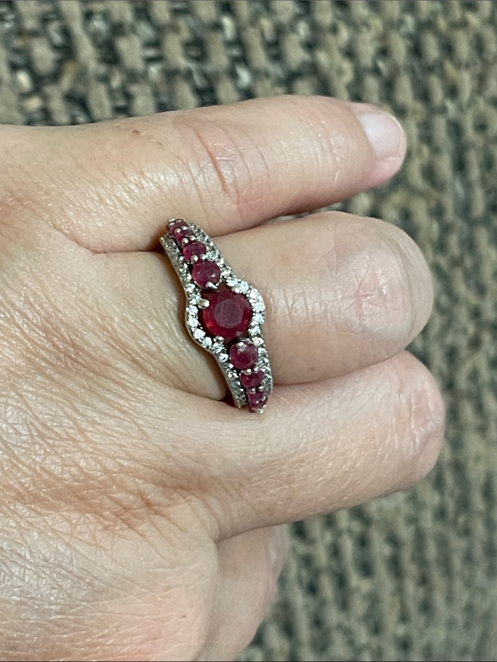 Elegant Natural Red Ruby Gemstone with CZ Accents 935 Silver Halo Ring - Picture 5 of 14